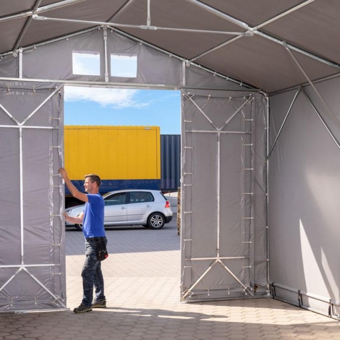 Skladiščna hala 8mx16m - str.višina 4,0 m, (vrata na zadrgo,na dvig,drsna vrata), PVC ponjava PRIMEtex 2300, ognjevarna, siva | brez statike