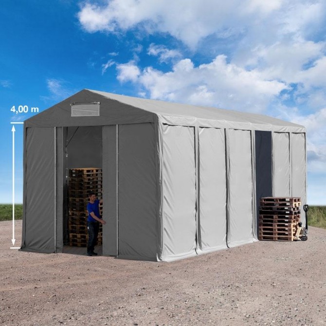 Skladiščni šotor 8mx12m - 4,0m str.višine, strešna okna (vrata na zadrgo,na dvig,drsna vrata) PVC 850 siv | brez statike PROFESSIONAL *****